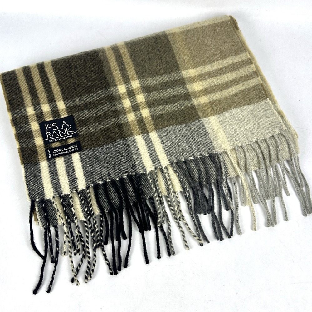 Jos A Bank Mens 100% Cashmere Plaid Fringed Scarf - Brown/gray/black/tan EUC